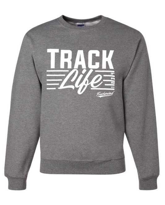 Track Life/White – Dark Gray Crewneck