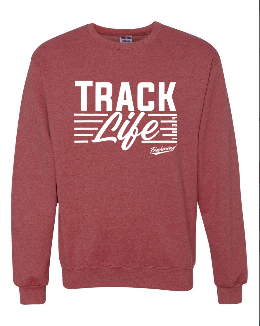 Track Life/White – Vintage Red Crewneck