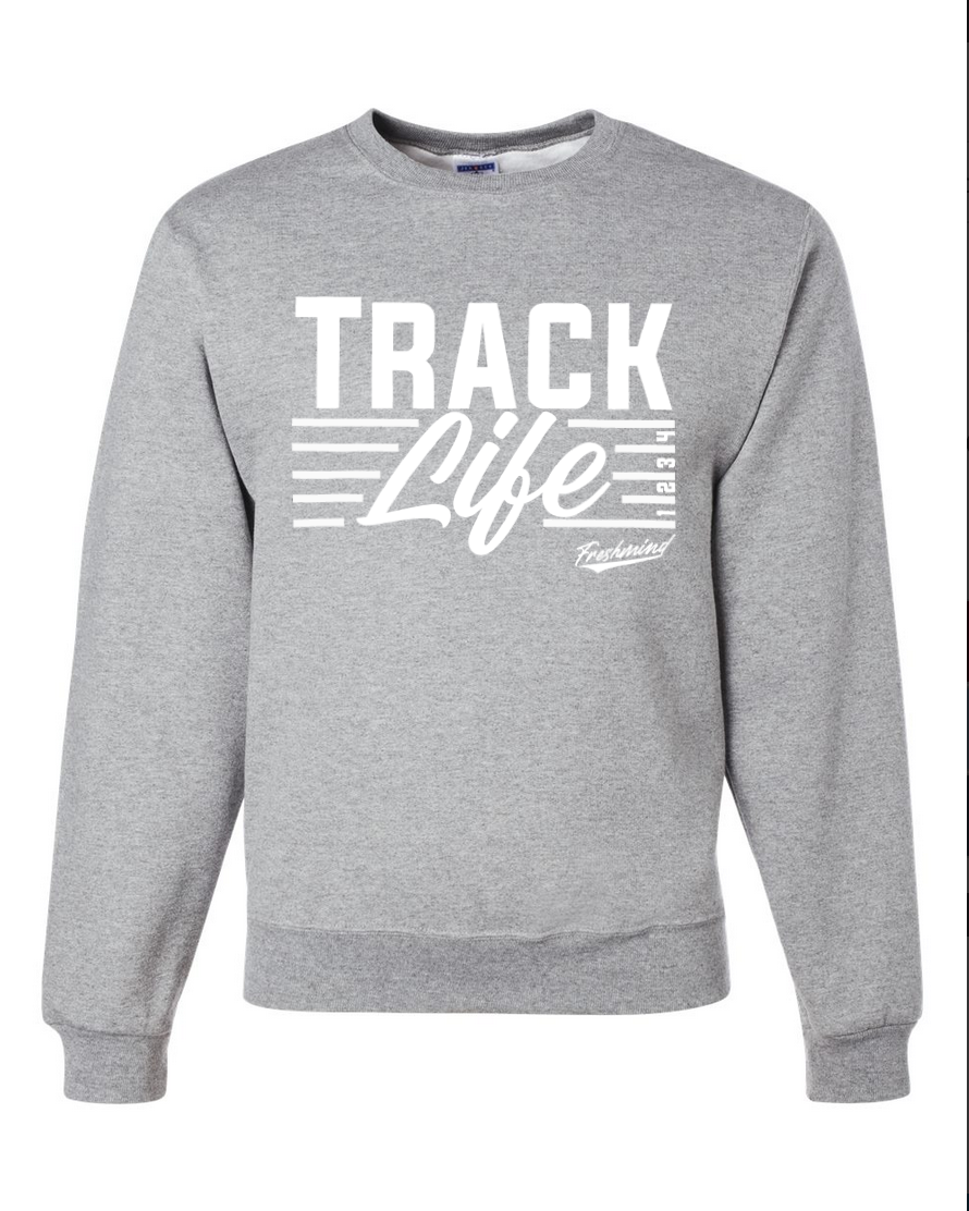Track Life/White – Gray Crewneck