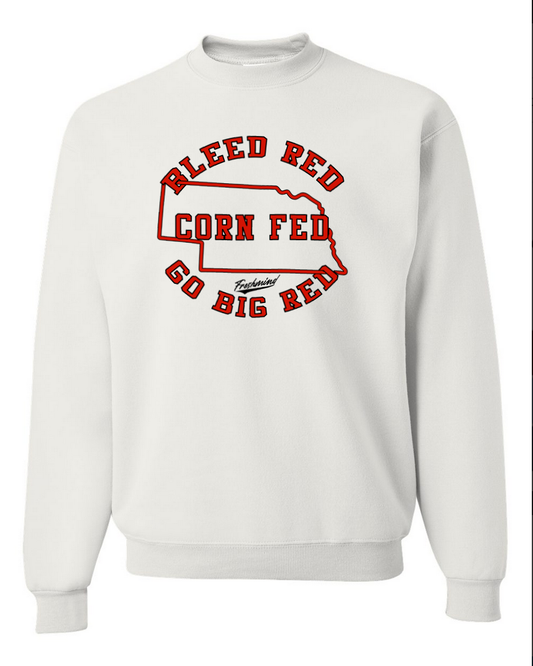 Bleed Red, Corn Fed, Go Big Red - Crewneck - White